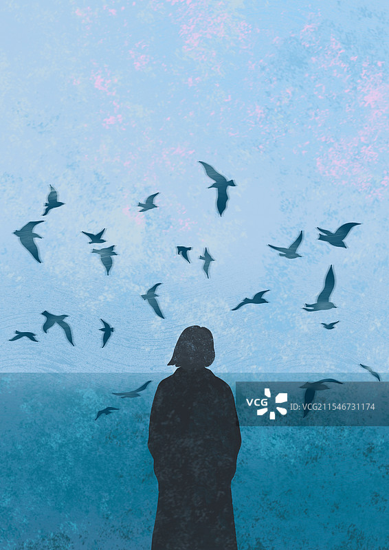 海边背影与飞鸟风景插画图片素材