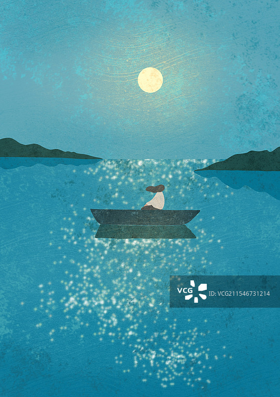 湖里月光独坐船风景插画图片素材