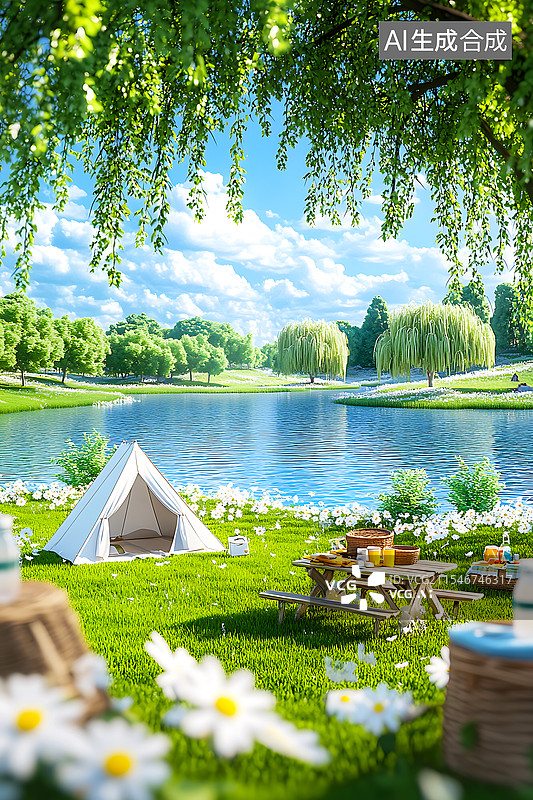【AI数字艺术】大自然户外风景湖边露营周末休闲帐篷度假图片素材