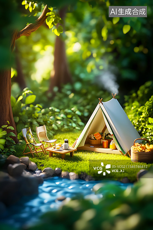【AI数字艺术】大自然户外风景湖边溪水露营地帐篷植物森林图片素材