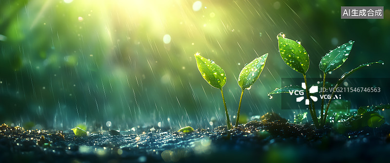 【AI数字艺术】春天的萌芽嫩芽，雨水节气植物树苗生长场景，植树节概念插图，环保，自然，绿色，春天惊蛰谷雨节气植物插画图片素材