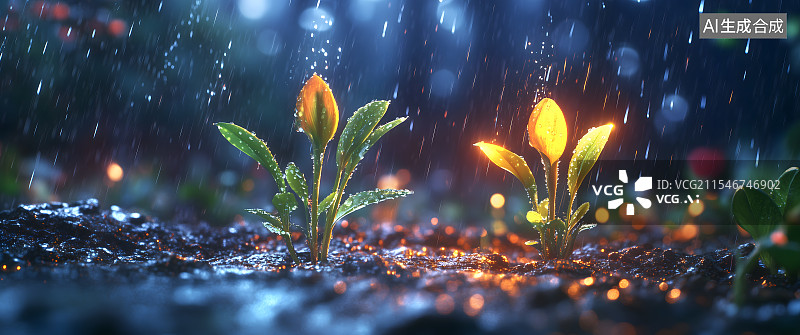 【AI数字艺术】春天的萌芽嫩芽，雨水节气植物树苗生长场景，植树节概念插图，环保，自然，绿色，春天惊蛰谷雨节气植物插画图片素材