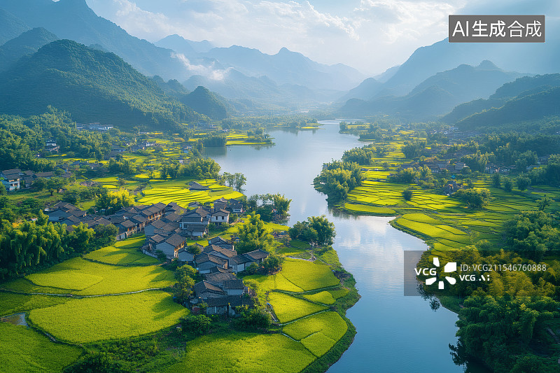 【AI数字艺术】山谷间世外桃源般的小村庄图片素材