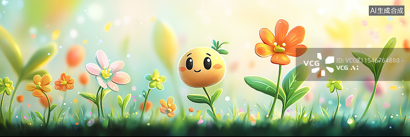 【AI数字艺术】手绘卡通风格花草与笑脸发芽插画图片素材
