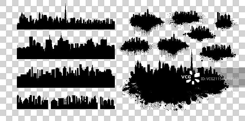 黑白城市图形绘画套装与污点图片素材