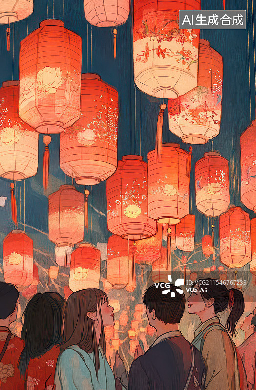 【AI数字艺术】卡通新年红灯笼插画图片素材