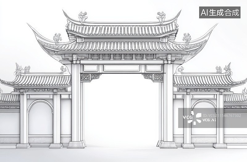【AI数字艺术】中国传统建筑门楼牌坊黑白手绘插图图片素材