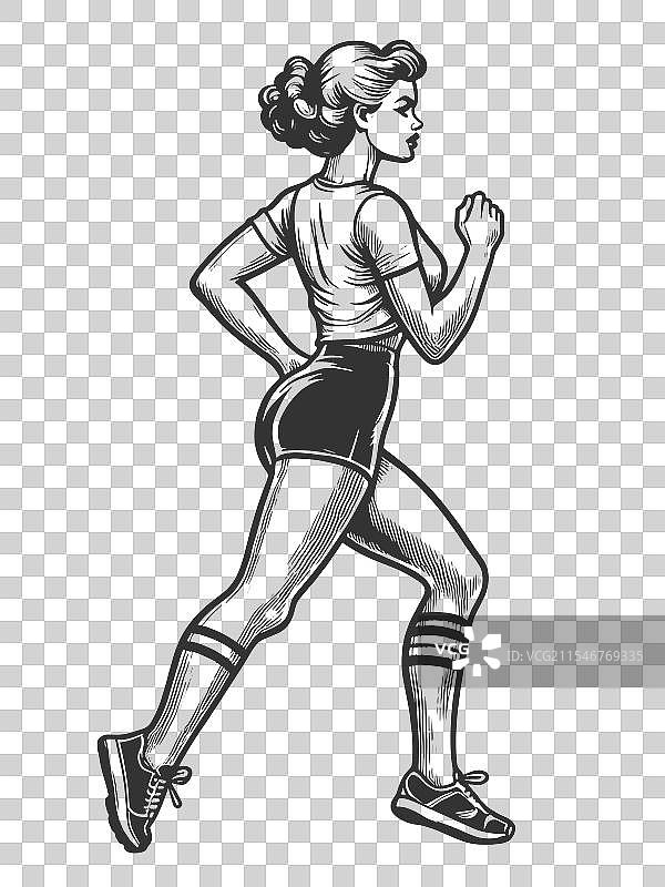 穿着复古运动服的女性慢跑素描图片素材