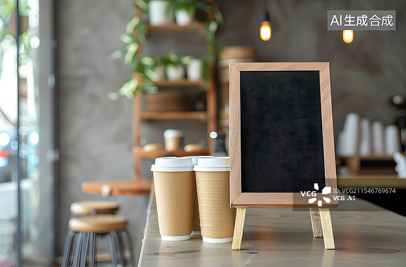 【AI数字艺术】咖啡店服务台的小黑板图片素材
