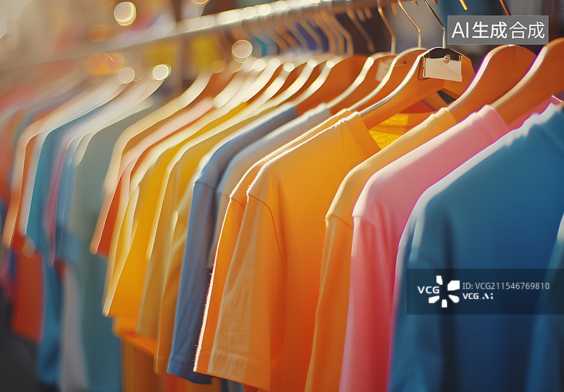 【AI数字艺术】商场货架上的彩色短袖T恤图片素材
