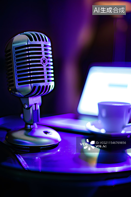 【AI数字艺术】彩色背景下的金属质感麦克风图片素材