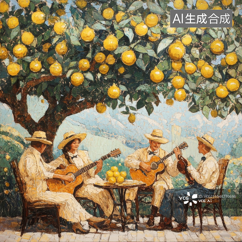 【AI数字艺术】柠檬树下吉他演奏图片素材