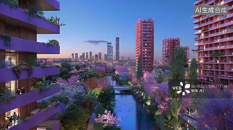 【AI数字艺术】都市河畔公寓夜景图片素材