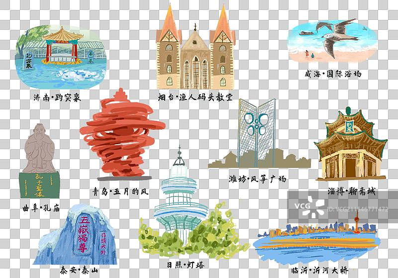 山东标志性景点地图插画明信片图片素材