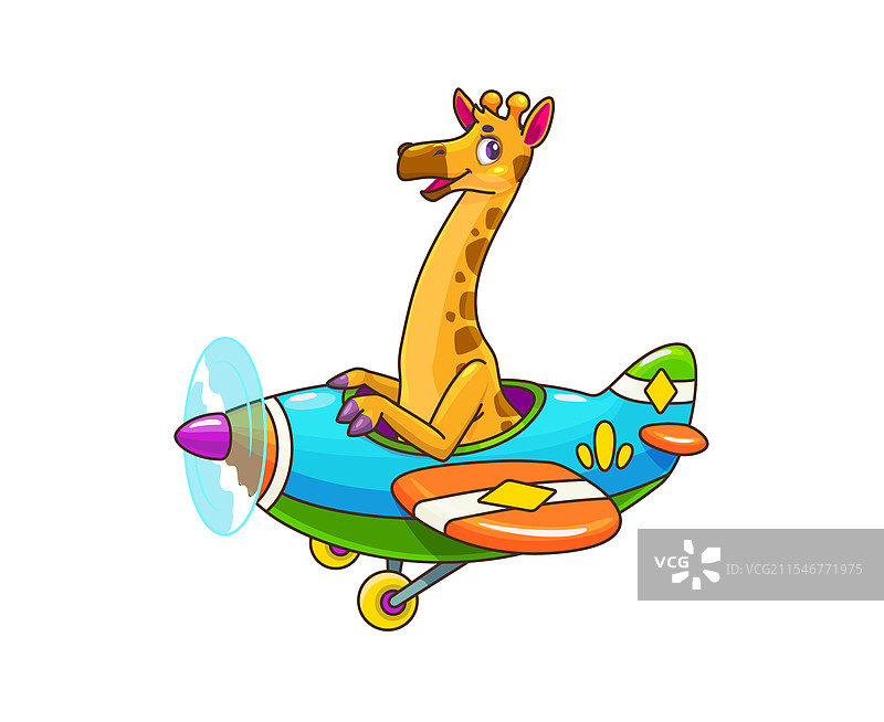 卡通长颈鹿动物小孩在复古飞机上飞行图片素材