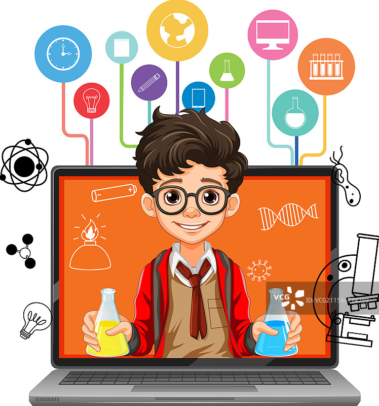男孩手持烧瓶，周围环绕着科学图标图片素材