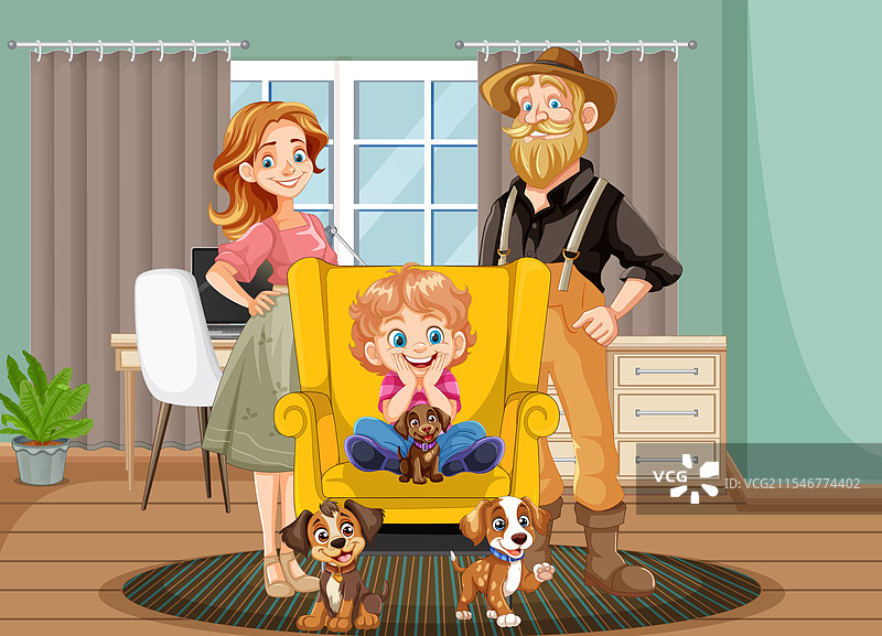 一家人和他们的两只狗一起享受时光图片素材