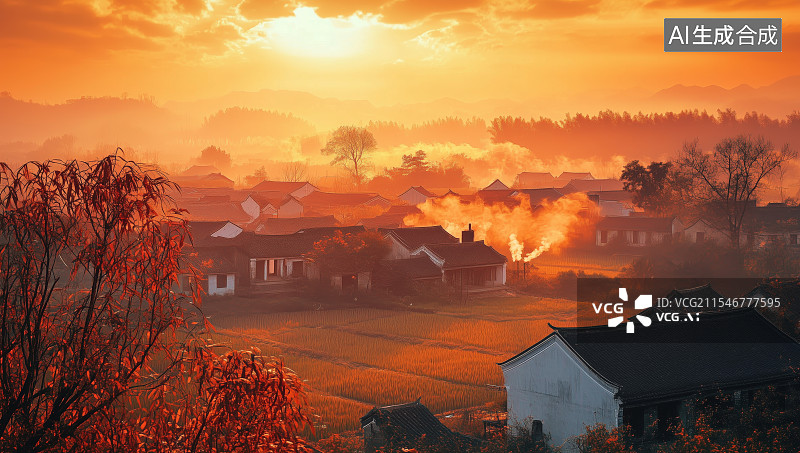 【AI数字艺术】插画山村日出图片素材