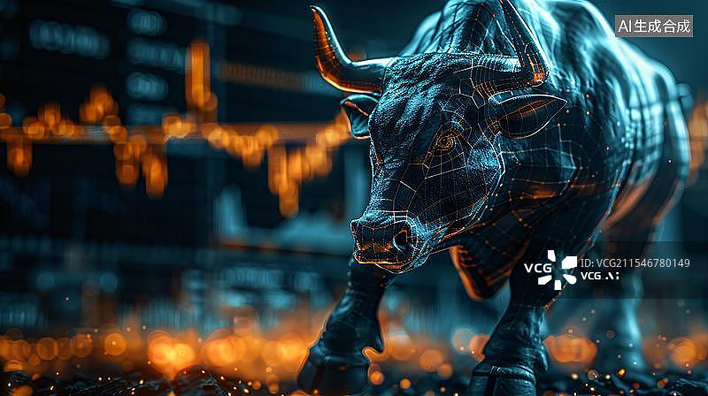 【AI数字艺术】金色股票K线图背景下的金牛雕塑 大金牛象征经济行情好转数据资产上涨商务背景图片素材