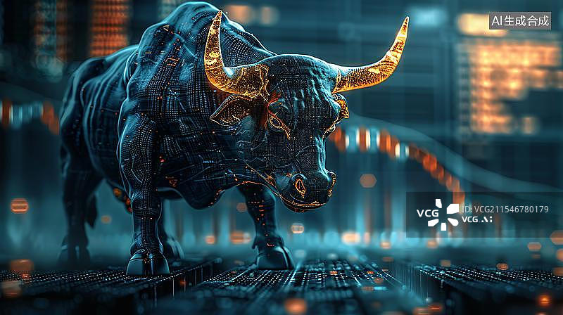 【AI数字艺术】金色股票K线图背景下的金牛雕塑 大金牛象征经济行情好转数据资产上涨商务背景图片素材