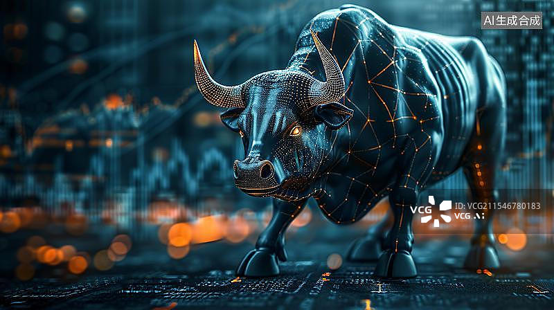 【AI数字艺术】金色股票K线图背景下的金牛雕塑 大金牛象征经济行情好转数据资产上涨商务背景图片素材