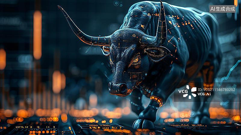 【AI数字艺术】金色股票K线图背景下的金牛雕塑 大金牛象征经济行情好转数据资产上涨商务背景图片素材