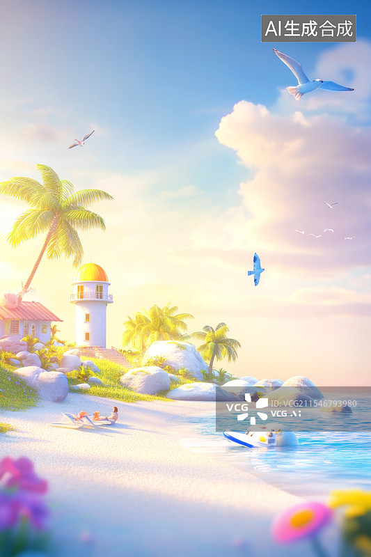 【AI数字艺术】夏日海边沙滩棕榈树电商广告背景图片素材