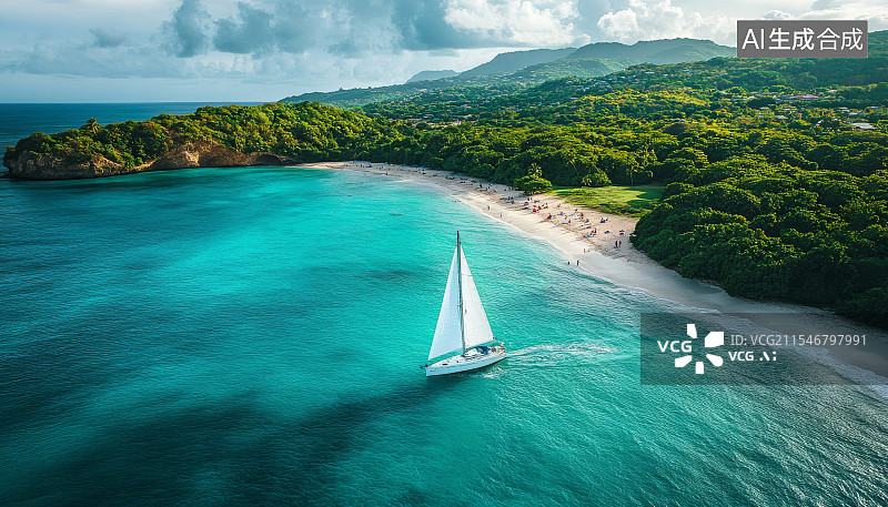 【AI数字艺术】海上帆船航行于清澈蔚蓝的海面图片素材