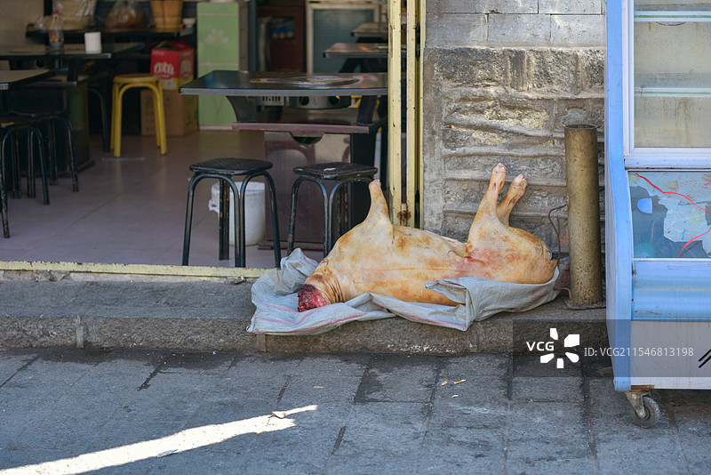 店门口地面布上放置的整只烤羊图片素材