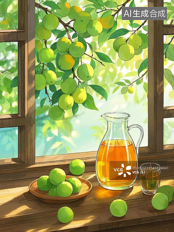 【AI数字艺术】青梅酒，成熟的青梅杏子，夏至小满芒种立夏节气概念插画图片素材