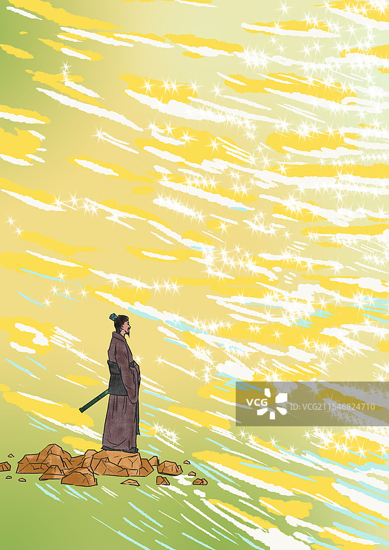 中国风新中式古风古典传统文化古装古人古代古时候历史文化国学经典三国演义曹操海边意境风景光影插画图片素材