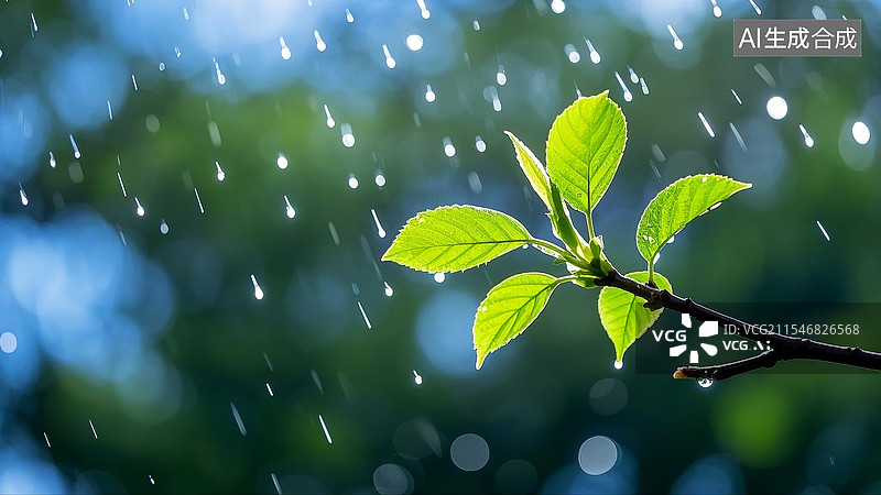 【AI数字艺术】立春树枝发芽春雨特写高清生机盎然雨滴花瓣图片素材