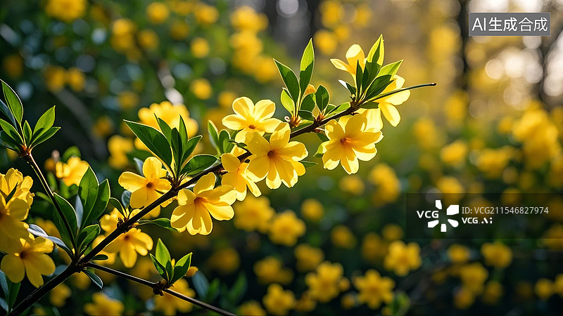 【AI数字艺术】唯美春天迎春花光芒金色花朵黄色花朵阳光图片素材