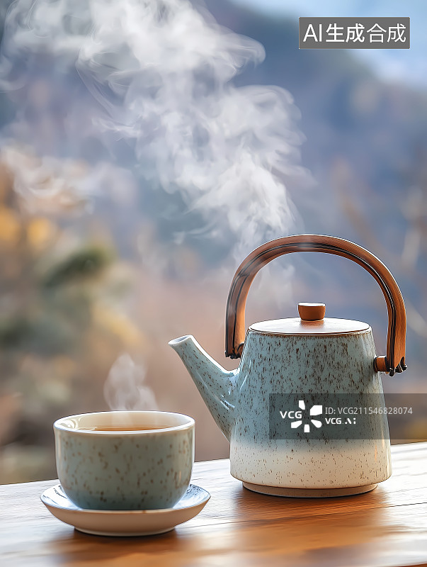 【AI数字艺术】茶山前木桌上的茶杯和茶壶图片素材