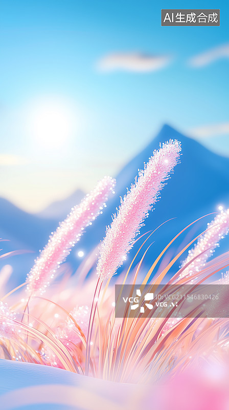 【AI数字艺术】3D卡通粉色蒲苇与雪山日出图片素材