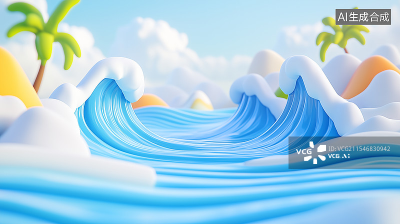 【AI数字艺术】3D卡通粘土风格的海滩波浪图片素材