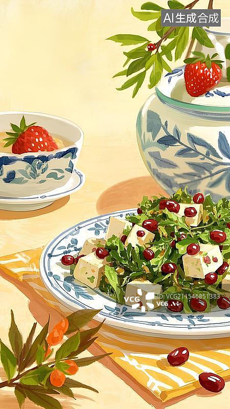【AI数字艺术】二十四节气谷雨香椿雨水立春草莓红豆水彩美食背景图片素材