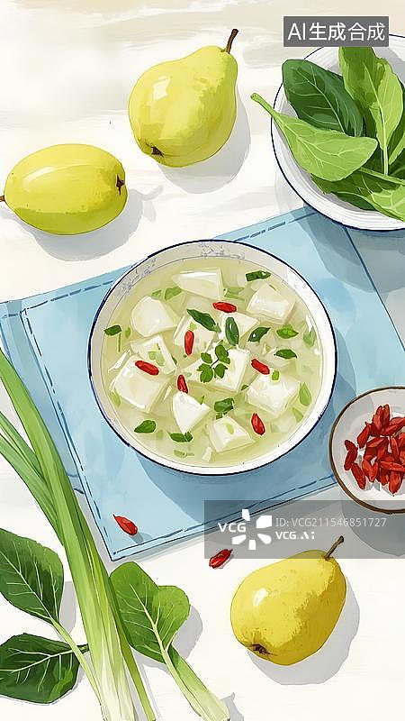 【AI数字艺术】水彩美食梨汤二十四节气梨葱枸杞煲汤惊蛰谷雨雨水立春图片素材