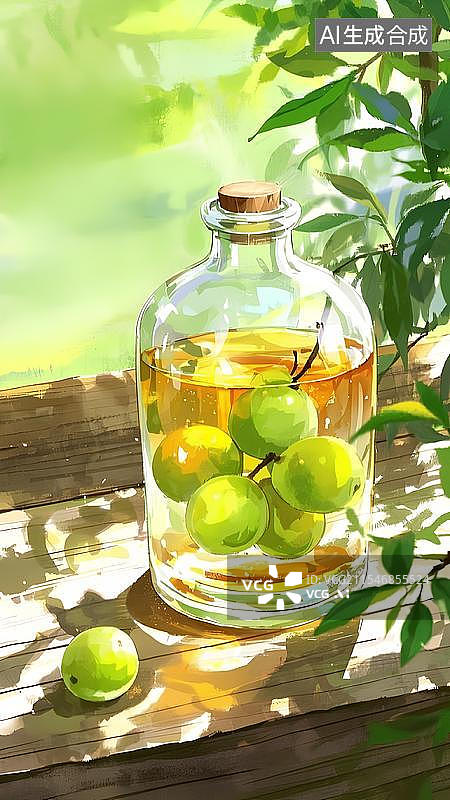 【AI数字艺术】水彩美食植物青梅青梅酒水果二十四节气立夏芒种大暑小暑夏天背景图片素材