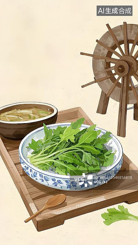 【AI数字艺术】二十四节气小满野菜节气水车背景图片素材
