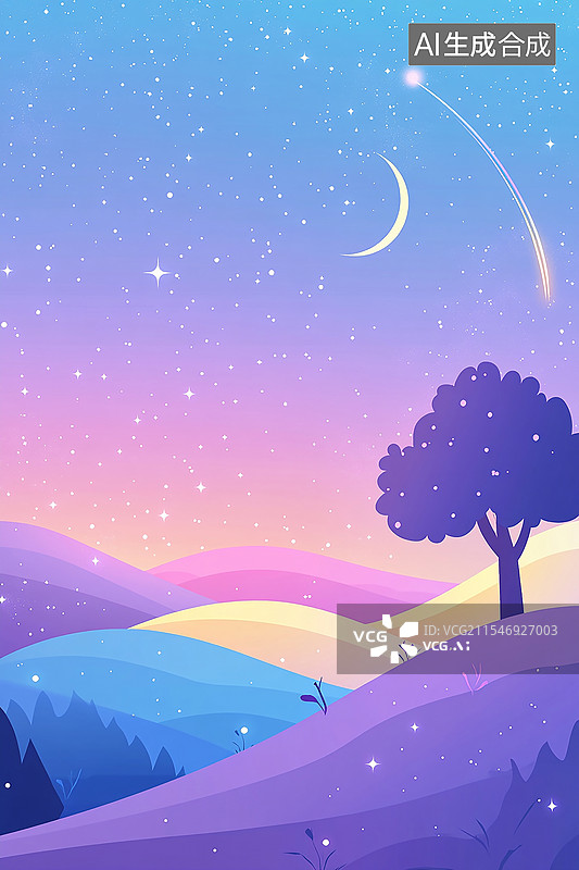 【AI数字艺术】夜晚傍晚山坡上的一棵树图片素材