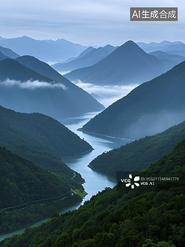 【AI数字艺术】两岸青山相对出图片素材