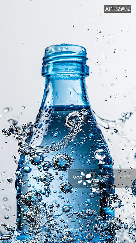【AI数字艺术】白色背景下蓝色玻璃瓶溅水的特写镜头图片素材