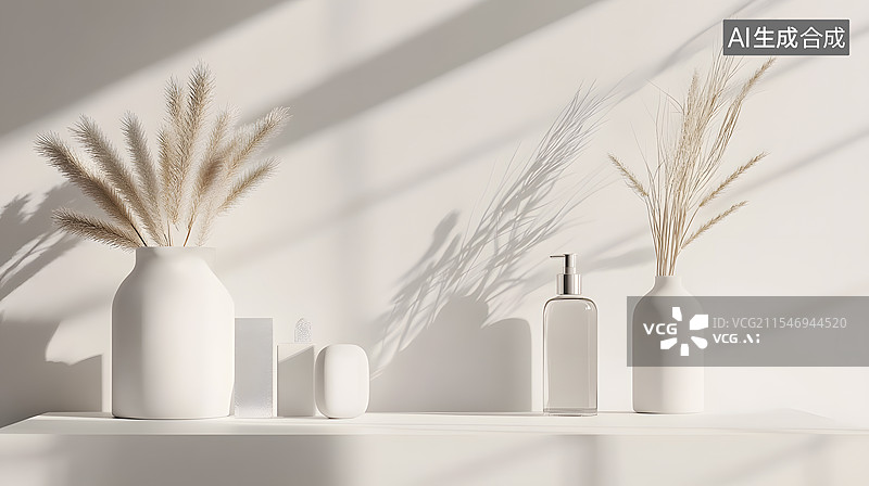 【AI数字艺术】白色墙壁上的花瓶图片素材