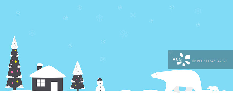 圣诞快乐，北极熊与幼崽漫步图片素材