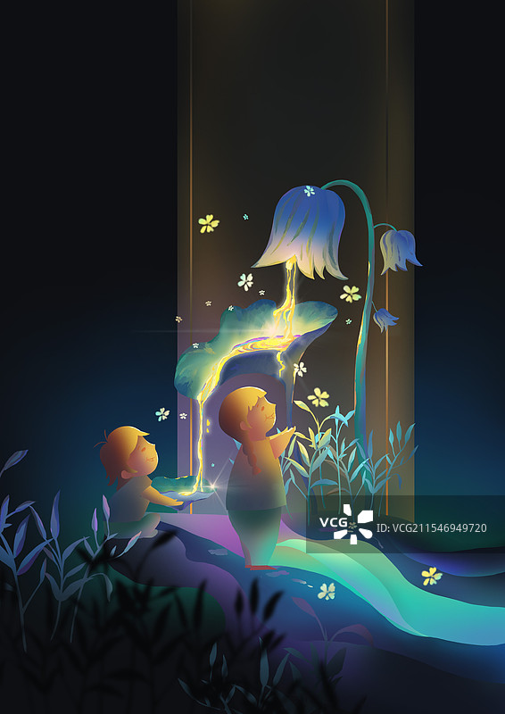 接水孩子玩耍发光植物花唯美治愈插画原创图片素材