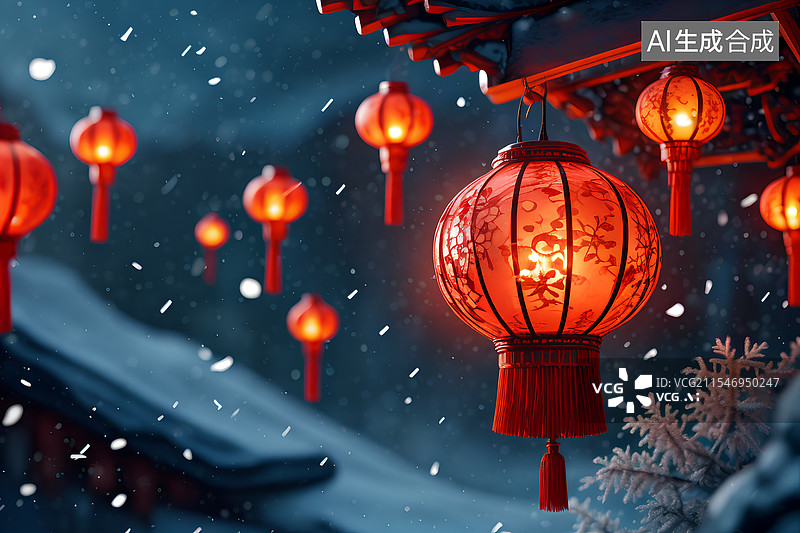 【AI数字艺术】雪中的红灯笼图片素材