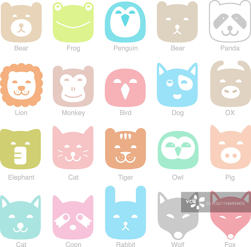 可爱动物脸部扁平图标集图片素材