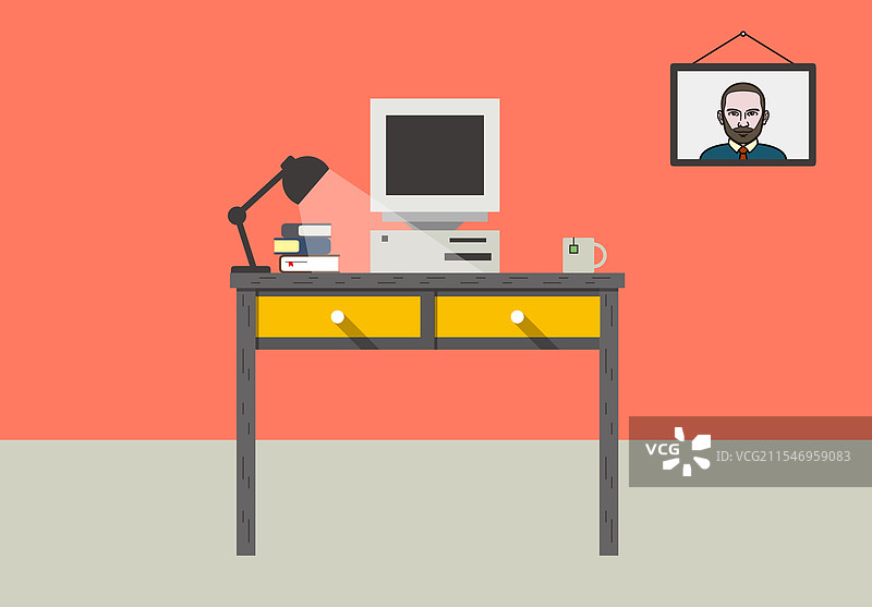 旧工作场所的桌子，上面有一台旧电脑和图片素材