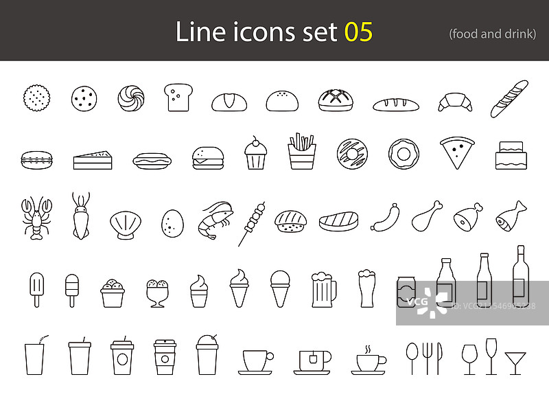 早餐、蛋糕、餐饮线条图标集图片素材